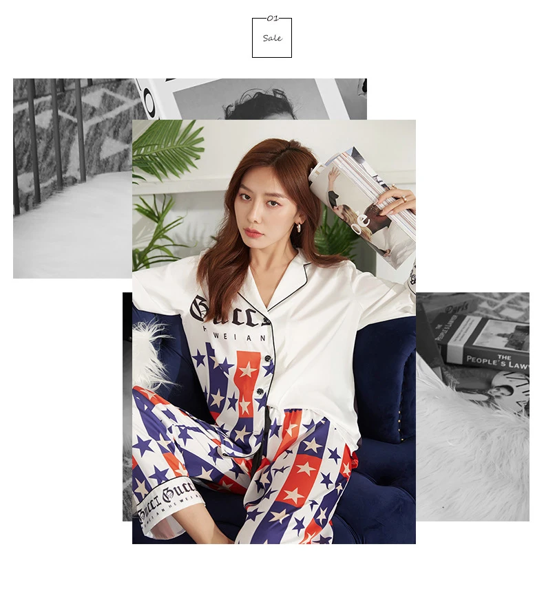

sleepwear women women sleepwear pajamas women new imitation silk pajamas fashion star printing ladies home wear