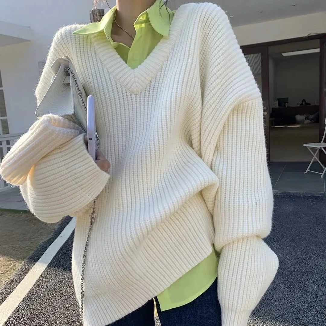 

V Neck Sweater Women's Autumn Winter New Korean Long Loose Thick Pullover All Match Outer Wear Knitwear Lazy Style Jumpers Top
