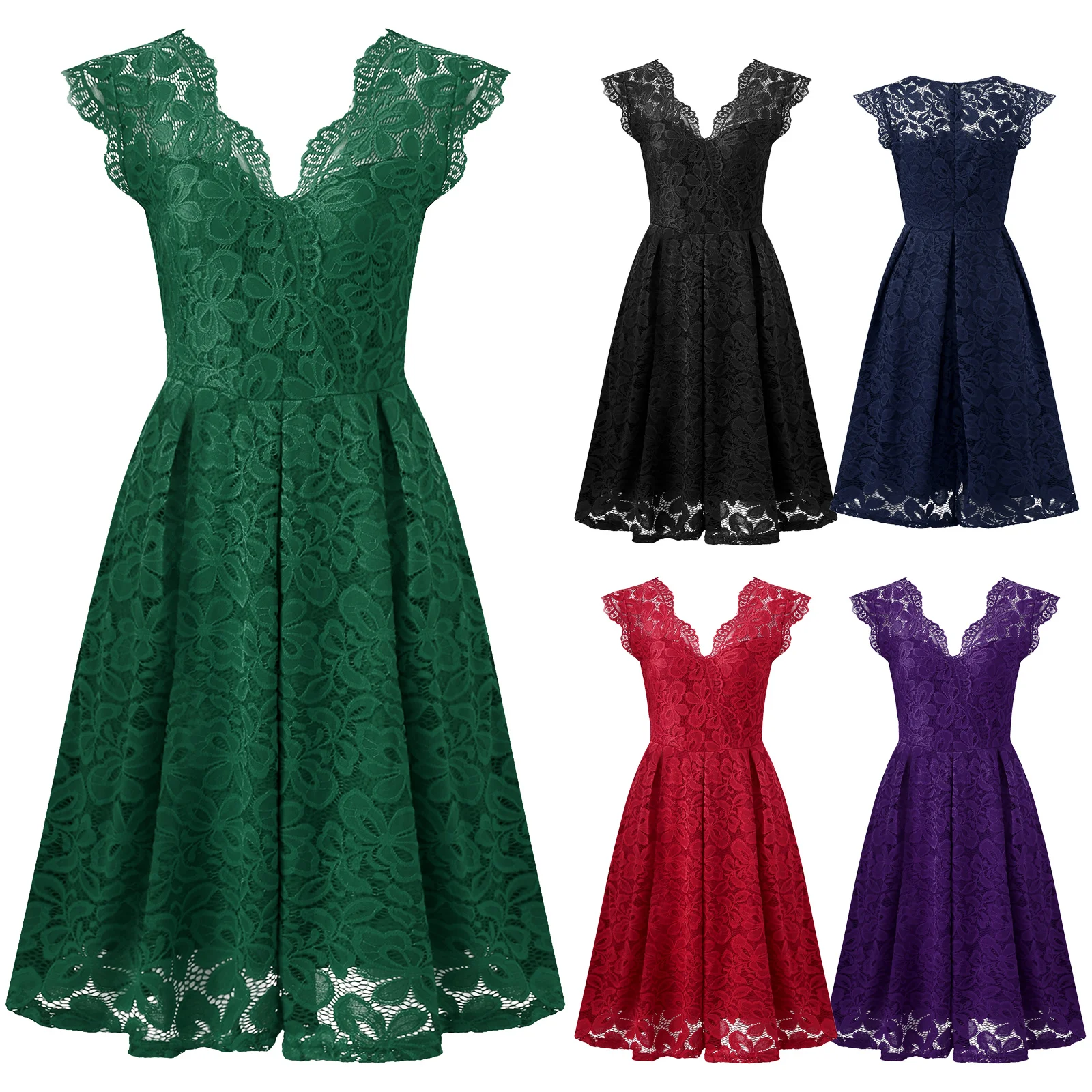 

Summer Women Evening Dress Floral Lace Vintage V Neck Sleeveless Party Dress for Female Women's Elegant Dress Bridesmaid Gown