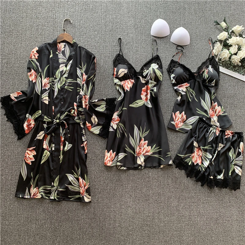 

Пижама женская из четырех предметов, летняя сорочка на бретелях, шорты, пикантная ночная рубашка для дома, одежда для сна с длинным рукавом и...