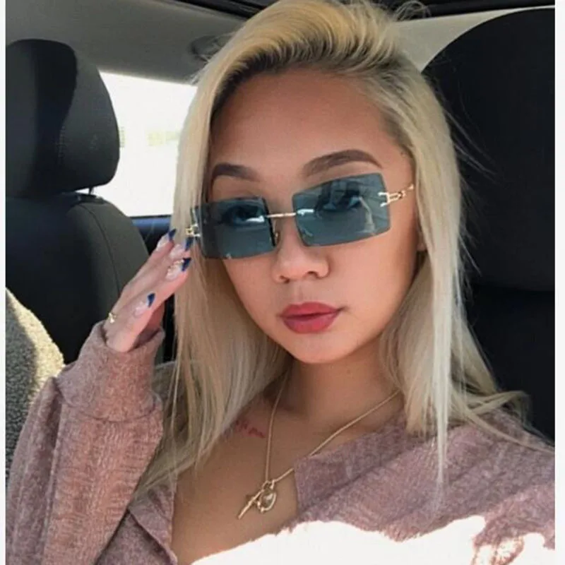 

Rimless Sunglasses Rectangle Fashion Popular Women Men Shades Small Square Sun Glasses For Female Summer Traveling Brown Oculos
