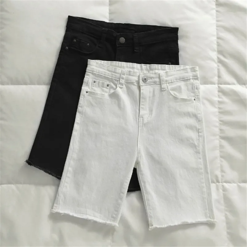 

White Black Denim Shorts Women New Summer Skinny Stretch Women Shorts Knee Length High Waist Shorts Streetwear Short Jeans C6133