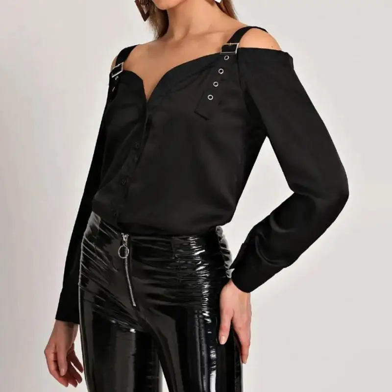 

Женские топы с длинным рукавом, характерные простые просторные рубашки с открытыми плечами и V-образным вырезом, однотонная Осенняя блузка