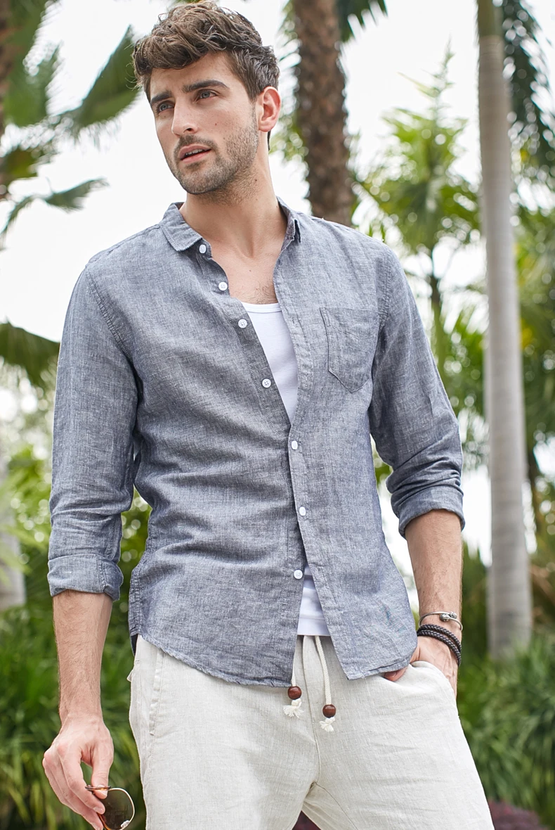 Рубашка Мужская льняная с длинным рукавом Повседневная Деловая Удобная блуза