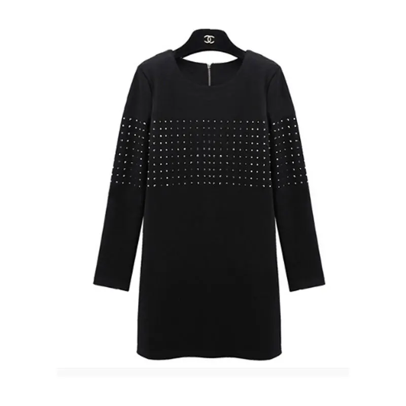 

2021 Fashion Brand Black Round Neck Rhinestone T-shirt Women Spring And Autumn Elegant And Thin Full-sleeve Knee-length Dress