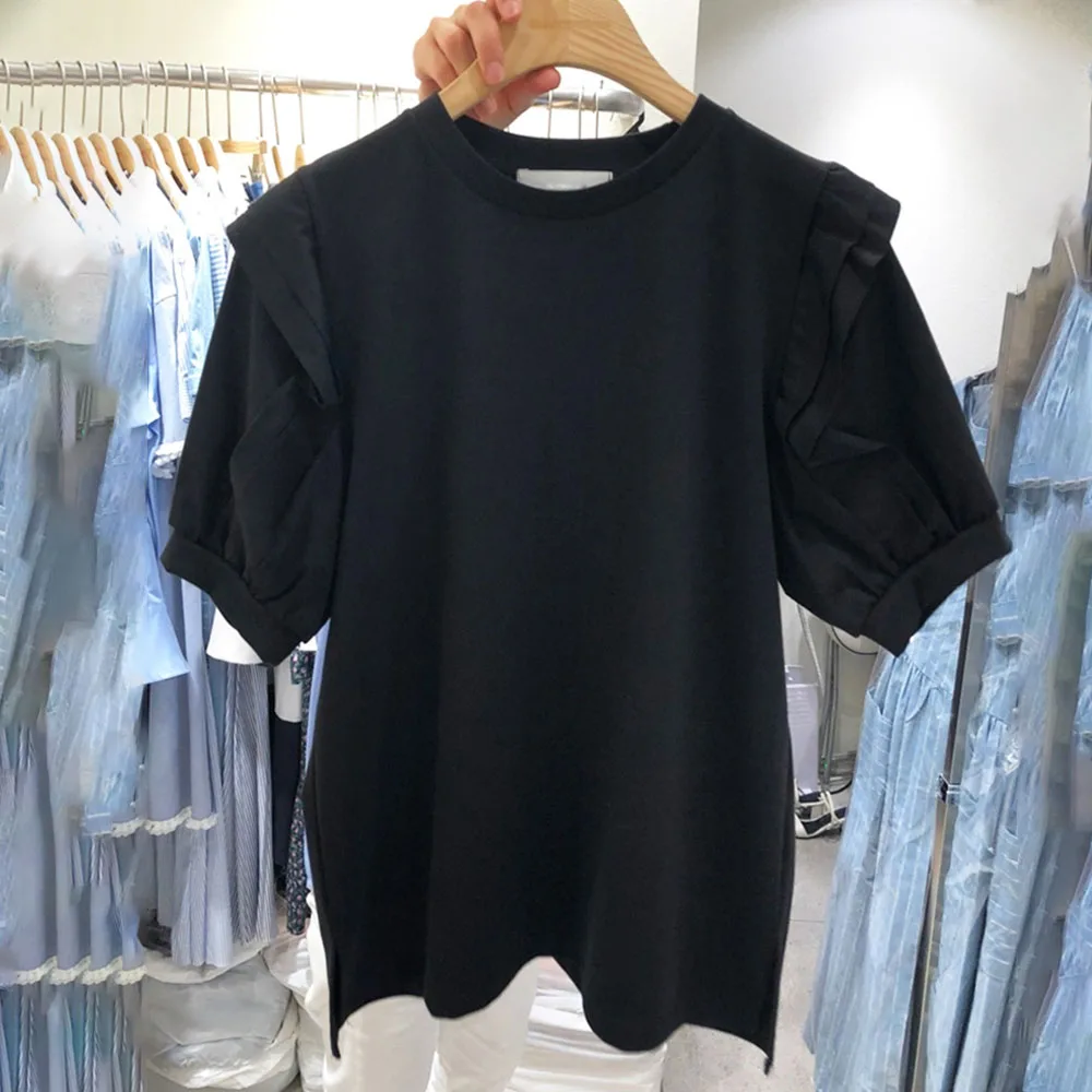 

Женская футболка весна-лето 2021, новинка, простая Однотонная футболка с рукавами-пузырьками и круглым вырезом и короткими рукавами, женский ...