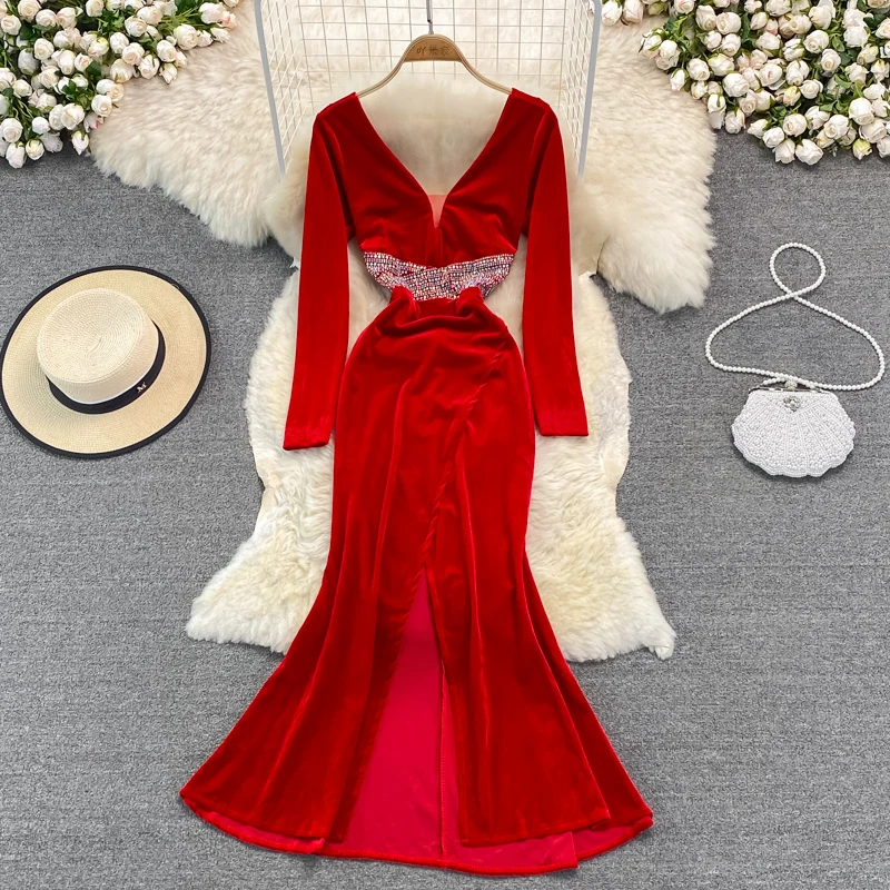

Black/Red Sexy Velvet Party Long Dress Women Elegant V-Neck Long Sleeve High Waist Mermaid Vestidos Female Maxi Robe New Fashion