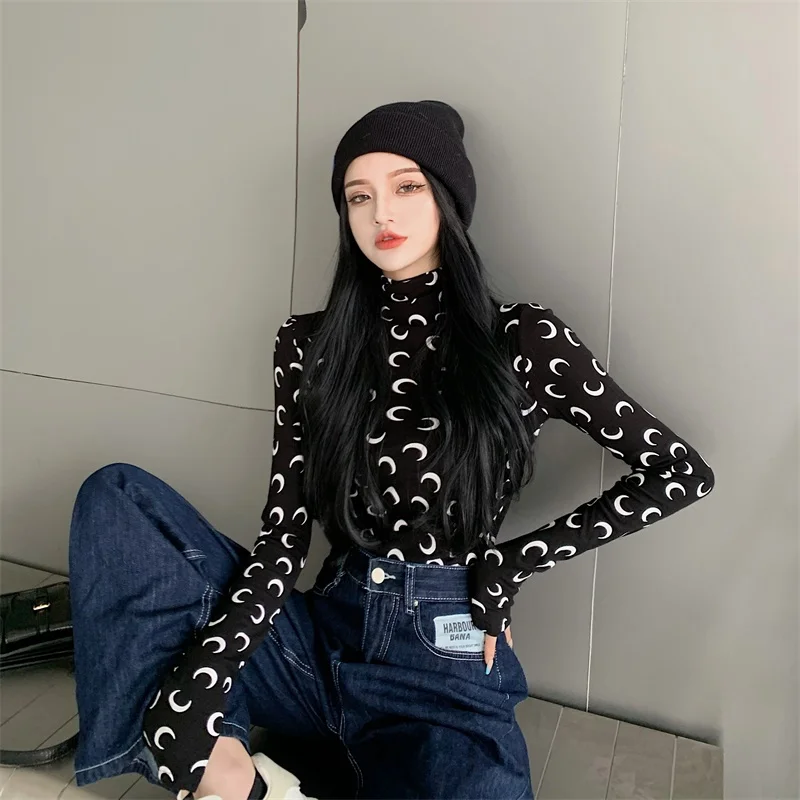 

2021Spring Autumn New Korean Casual Moon Printed Pattern Slim All Match College Wind Long Sleeve Boss Women Top T-Shirts8166