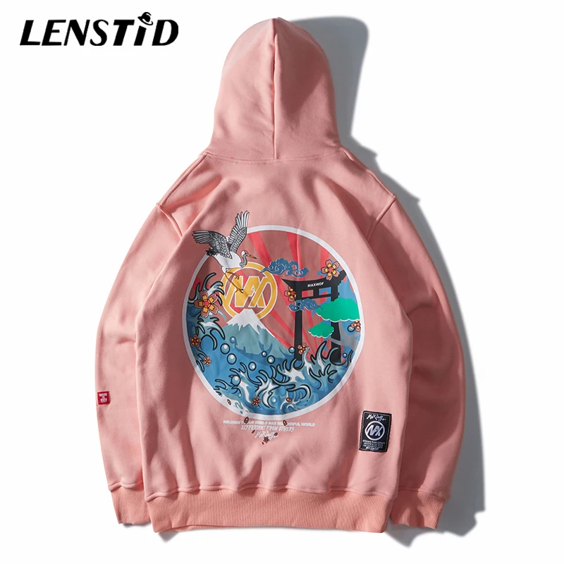 LENSTID Harajuku японские вышитые краны флисовые бархатные зимние утепленные толстовки