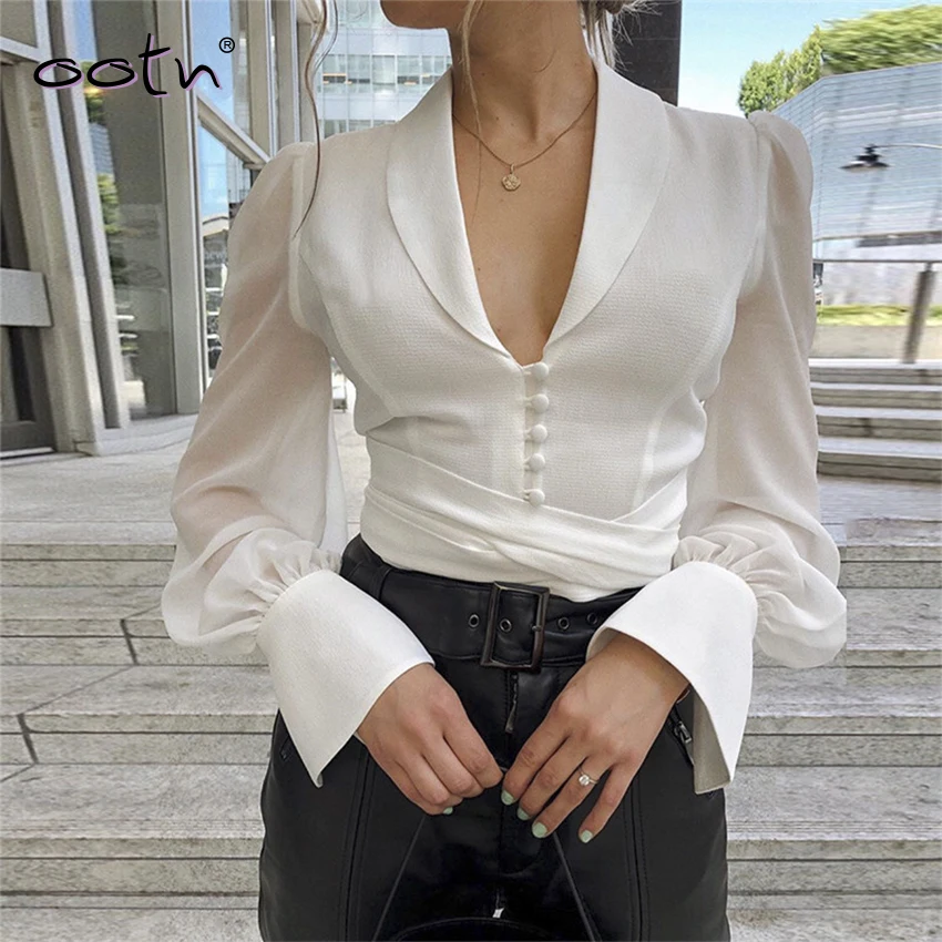 Bclut/белая женская блузка с длинным рукавом и пуговицами на шнуровке отложным