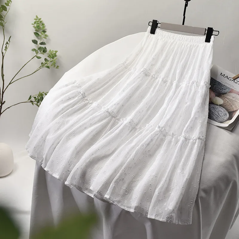 

2021 Women Summer Boho Pink Skirt Stretch High Waist Women White Skirt Midi Length With Lining Faldas Jupe Femme Saia