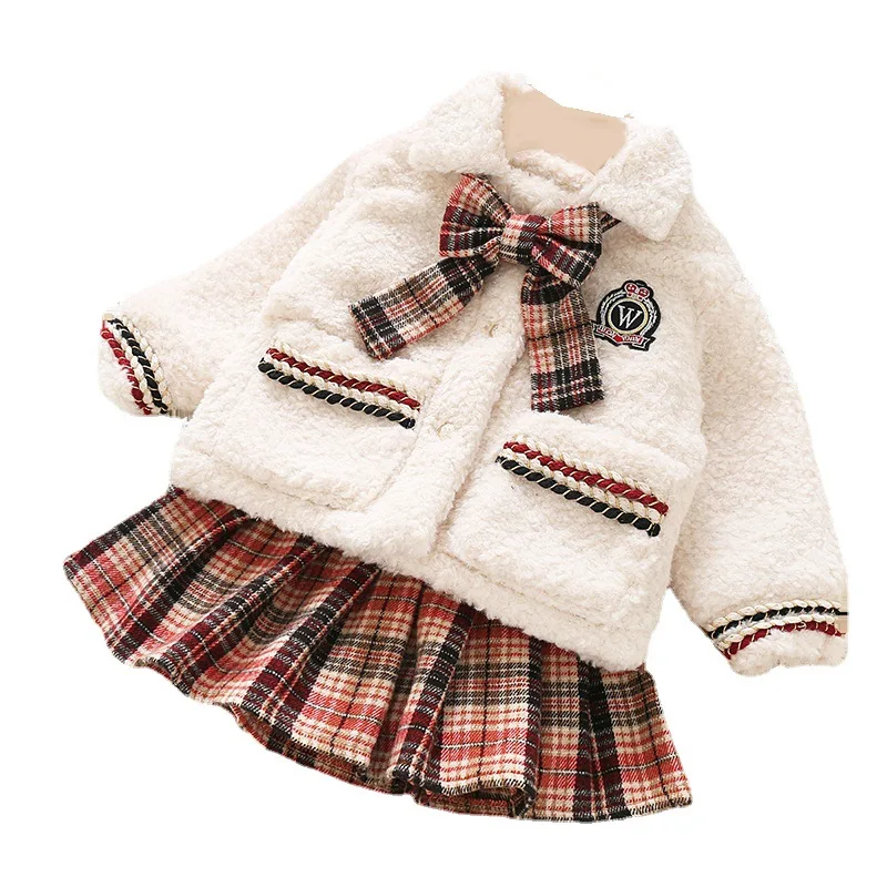 

Girls' Jacket Korean Winter Lamb Velvet Jacket Half-Length Pleated Skirt Skirt College Skirt Thick Warm Jacket With Bow