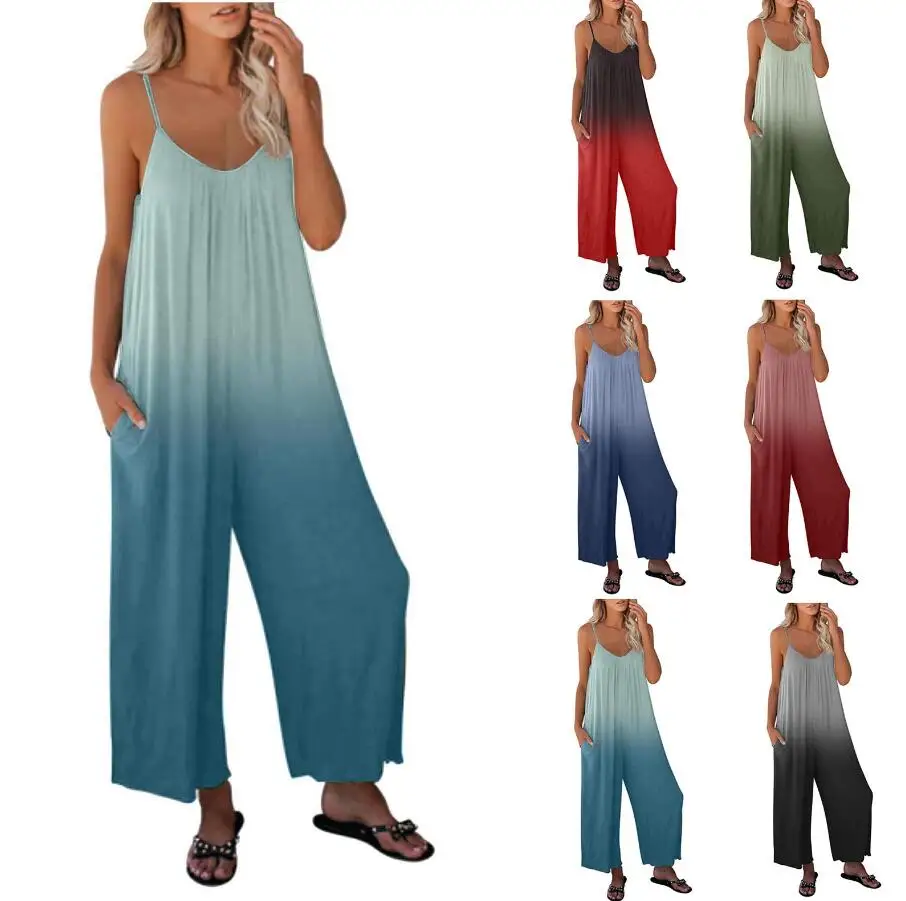 

Женский комбинезон 2022, летний модный градиентный повседневный комбинезон с карманами, длинный комбинезон, Свободные Комбинезоны на подтяж...