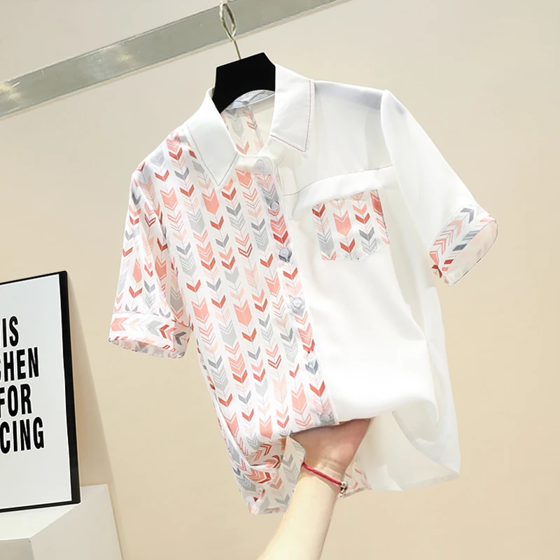 

Contrast Color Patchwork Shirt Chiffon Blouse Summer New Print Short Sleeve Shirt Ladies Blouse Blusas Mujer De Moda Woman Tops