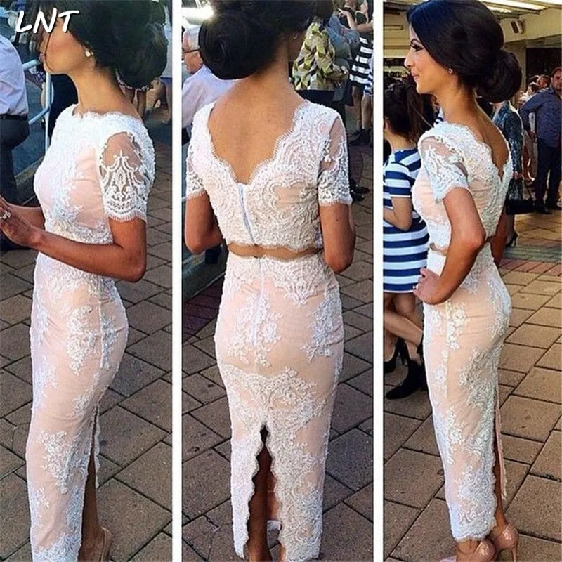 

Tea Length Two Pieces Cocktail Dresses Short Sleeves Semi Formal Occasion Evening Gowns