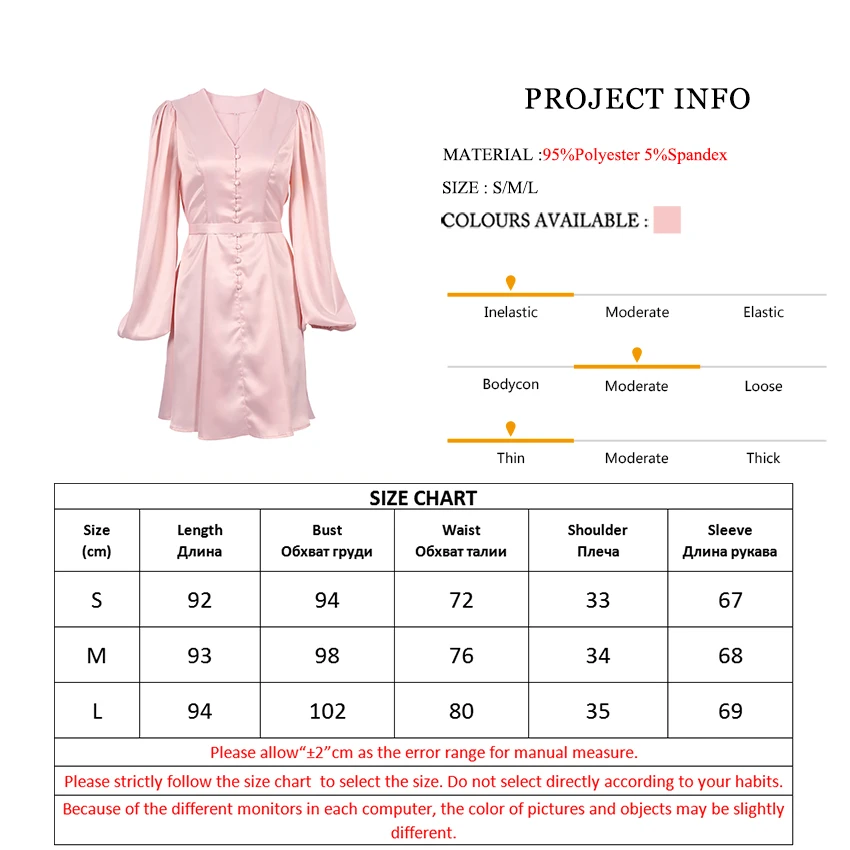 

Woman Dress 2021 Spring Pink Lantern Sleeve Satin A-Line Dress Women Elegant Sexy V-Neck Single-Breasted Pleated Dress With Belt