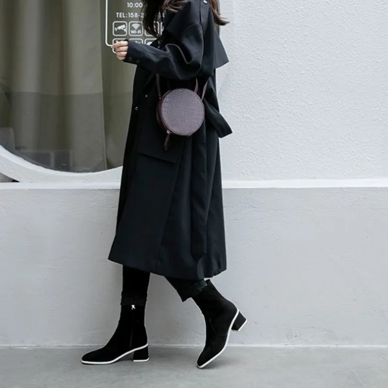 Fall Winter Shoes Woman 2019 Brand Ankle Boots Black Leather Square Heel Short Plush Slip On Women Chelsea кроссовки | Обувь