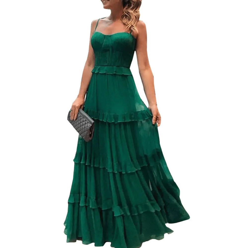 Зеленый богемное платье макси для женщин пикантные оборками Спагетти ремень
