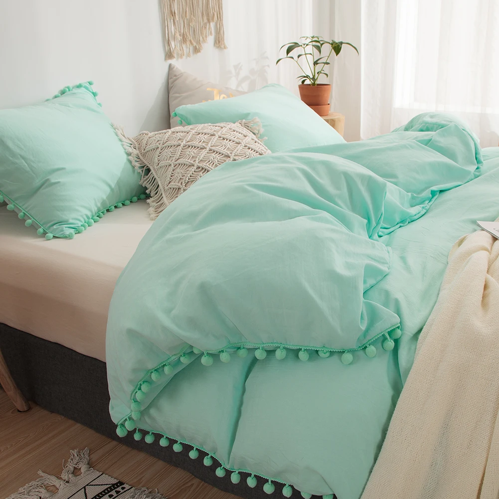 Turquois Bedding Set Aqua Blue Duvet Cover Pom Poms Shabby Chic Bed Soft Solid Color Linen Home Textile No Comforter  Дом и