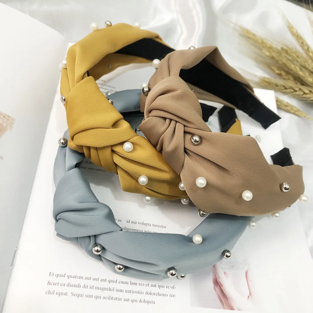 

Женский ободок на голову с жемчугом Bow завязанная повязка на волосы Lady, однотонные аксессуары из бисера, повязка на голову Бохо для волос обр...