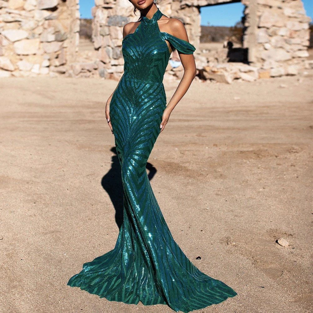 Женские сексуальные платья с высоким вырезом открытыми плечами и блестками