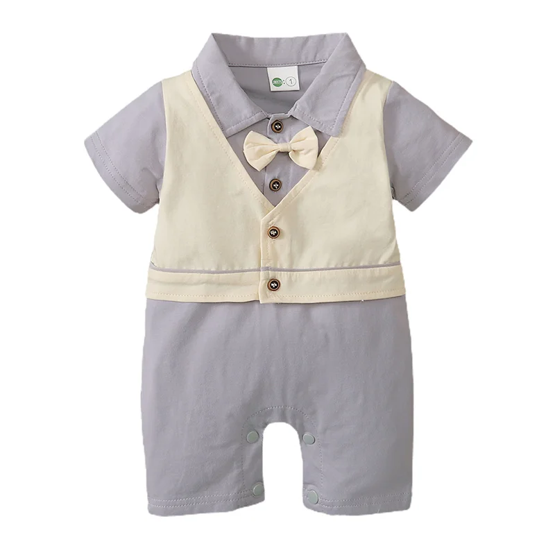 

2021 Breathable Baby Boys Jumpsuit Suit, Infant Summer fashion Fake Vest Short Sleeve Casual Lapel Button Romper + Bow Tie Set