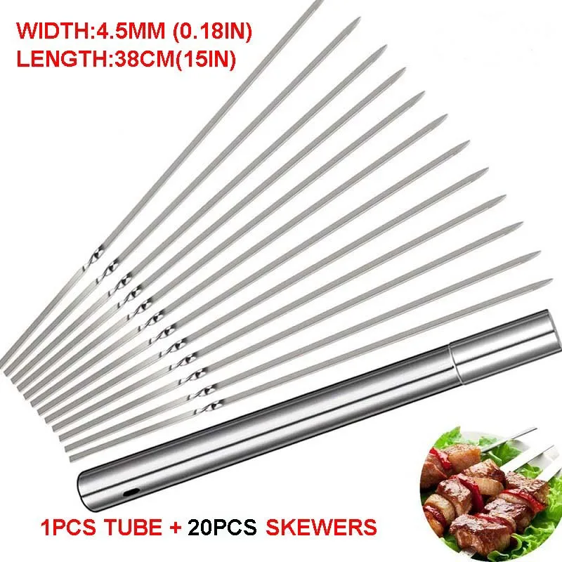 

20pcs 4.5MM Flat BBQ Skewer Stainless Steel Barbecue Skewers with Tube Reusable Needle Sticks Shish kabob Grill Skewers Dropship