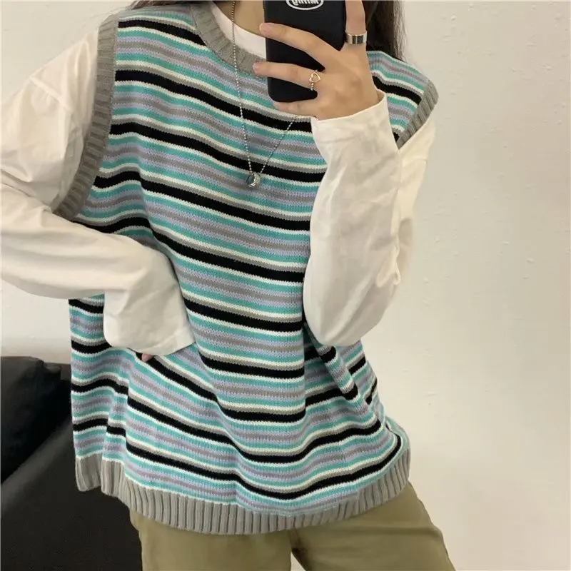 

Свитер оверсайз, Женский пуловер в стиле преппи с круглым вырезом, Женский Свободный жилет в полоску, Женский вязаный жилет в Корейском стил...