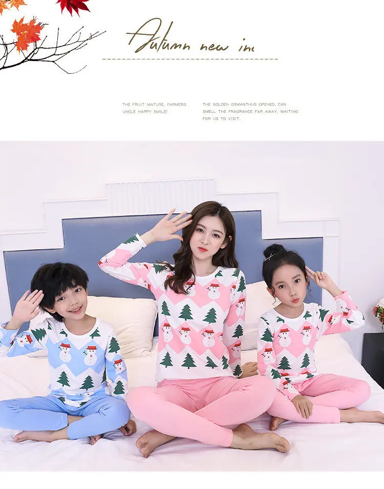 Cute Snowman Matching Family Christmas Pajamas Children Korean Cotton Mother Daughter Outfit Pants Matching Christmas Pajama Set