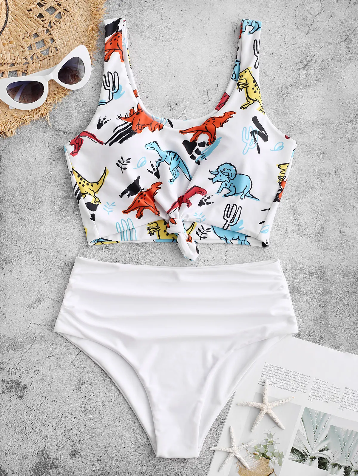 Женский купальник танкини с высокой талией ZAFUL бантик принтом динозавра Мягкий