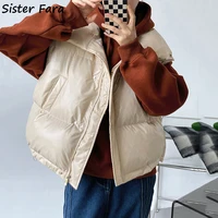 sister fara new autumn winter stand collar glossy down vest womens casual thicken warm outwear female sleeveless waistcoat coat
