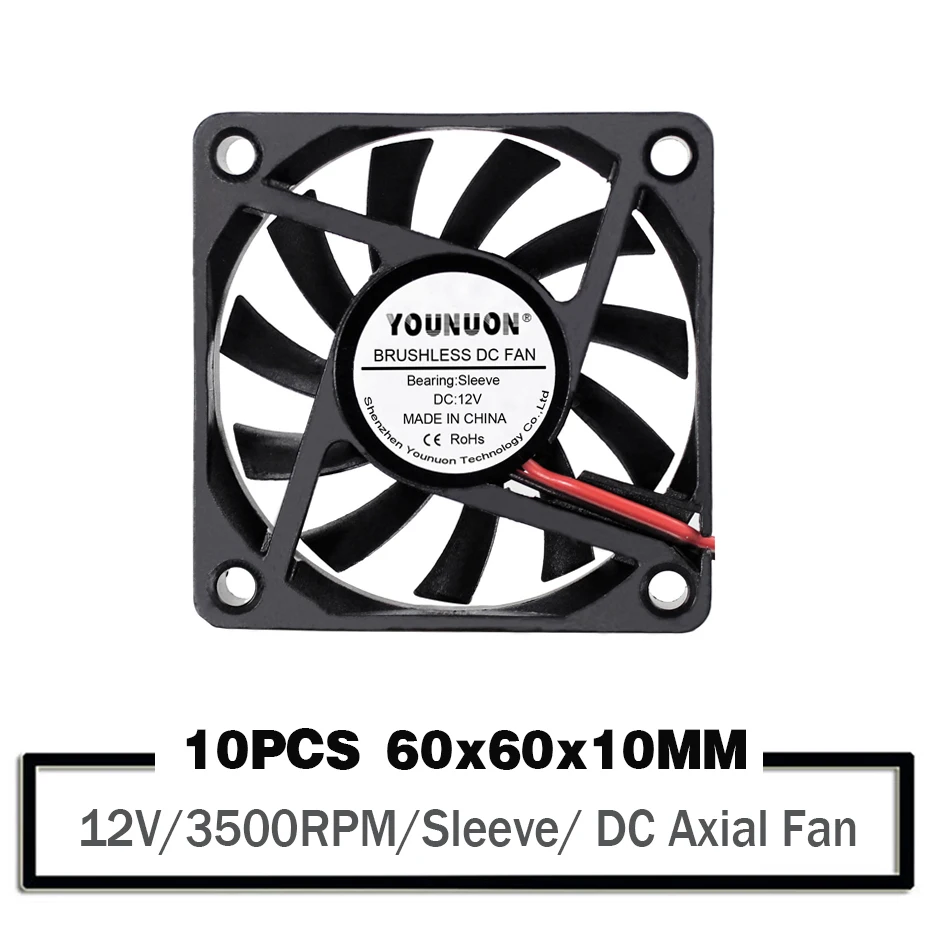 10 шт. YOUNUON DC 12 В 2Pin 60 мм 60x60x10 мм 6010 с 6 см Бесщеточный Охлаждающий вентилятор