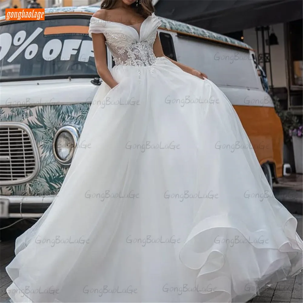 

Luxury White Wedding Gowns For Bride 2021 Abiti Da Sposa lace up Appliqued Tulle bridal dresses custom made Vestidos De Noiva