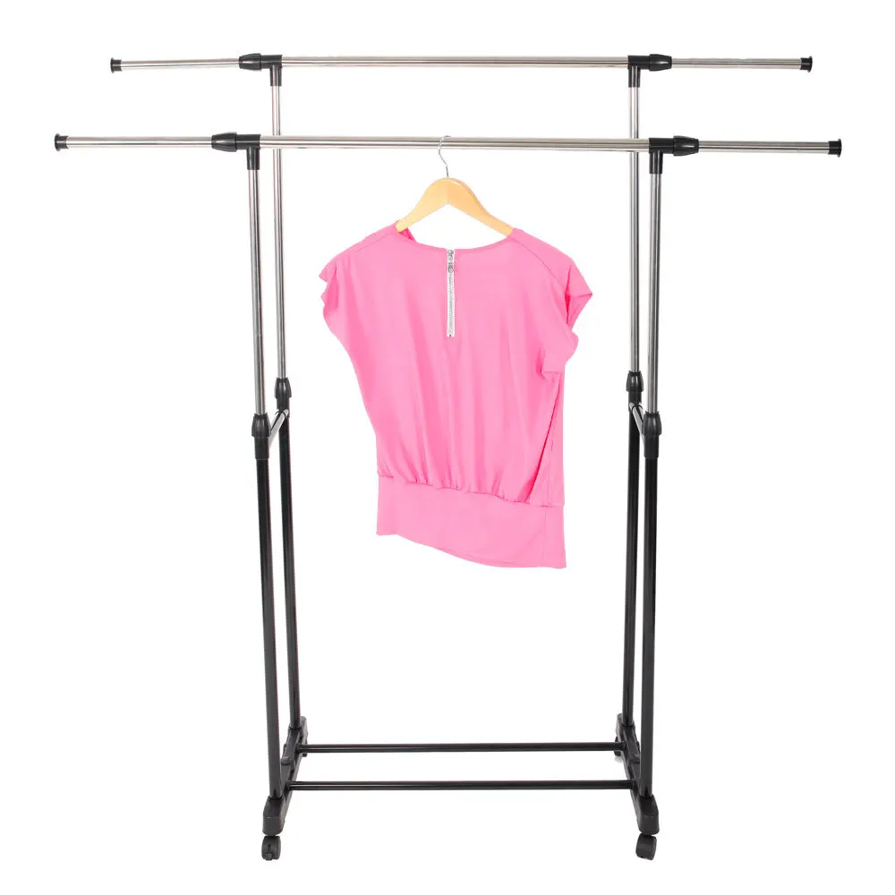 Adjustable Clothing Closet Furniture Dual-bar Stretching Clothes Bedroom Hanger Assembled Coat Rack Stand With Shoe Shelf Tools | Мебель