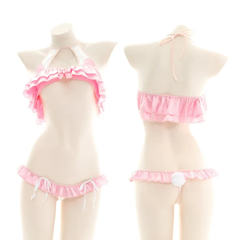 

Lolita Bunny Girl Cute Anime Maid Cosplay Bikini Lingerie Set Hollow Lotus Leaf Ultrashort Halter Ruffles Rabbit Tail Underwear