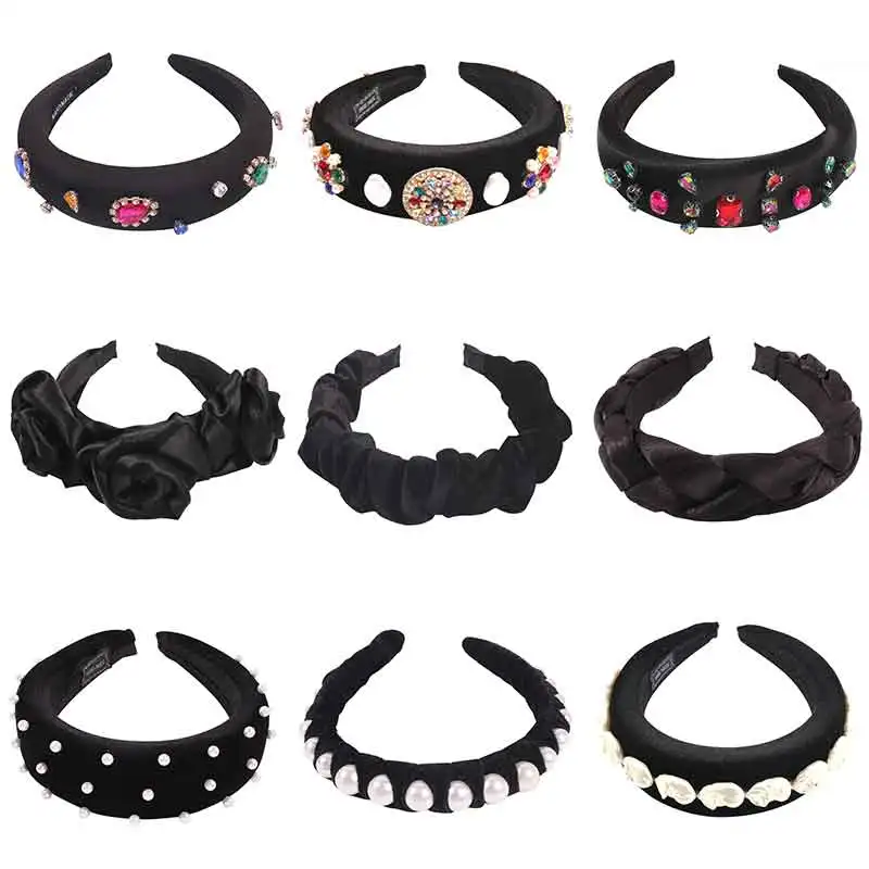Женский бархатный обруч для волос ZA черный стразы жемчуг перекрещенная тесьма