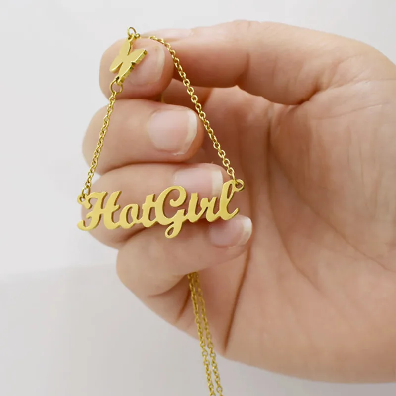 Stainless Steel Gold Cursive Hotgirl With Butterfly Necklace For Women Kids Jewelry Choker Best Friend Birthday Gift | Украшения и