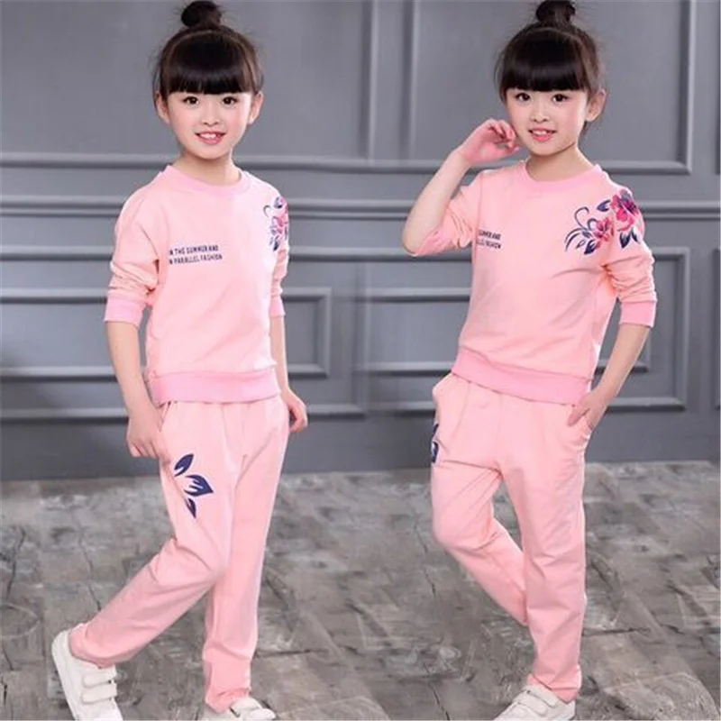 Fahion Kids Girls Clothes Sets Autumn Spring Long Sports Sleeve Shirts + Pants Children's Clothing Suits Teen 5 6 8 9 10 12 Year | Мать и
