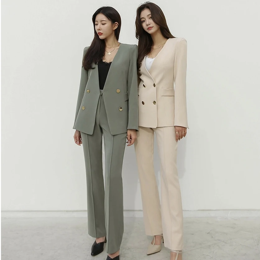 

Spring And Autumn Women's Office Suit V-Neck Green Two-Piece Sets Female Blazer Girly Elegant Temperament Pantsuit Setup Ladies