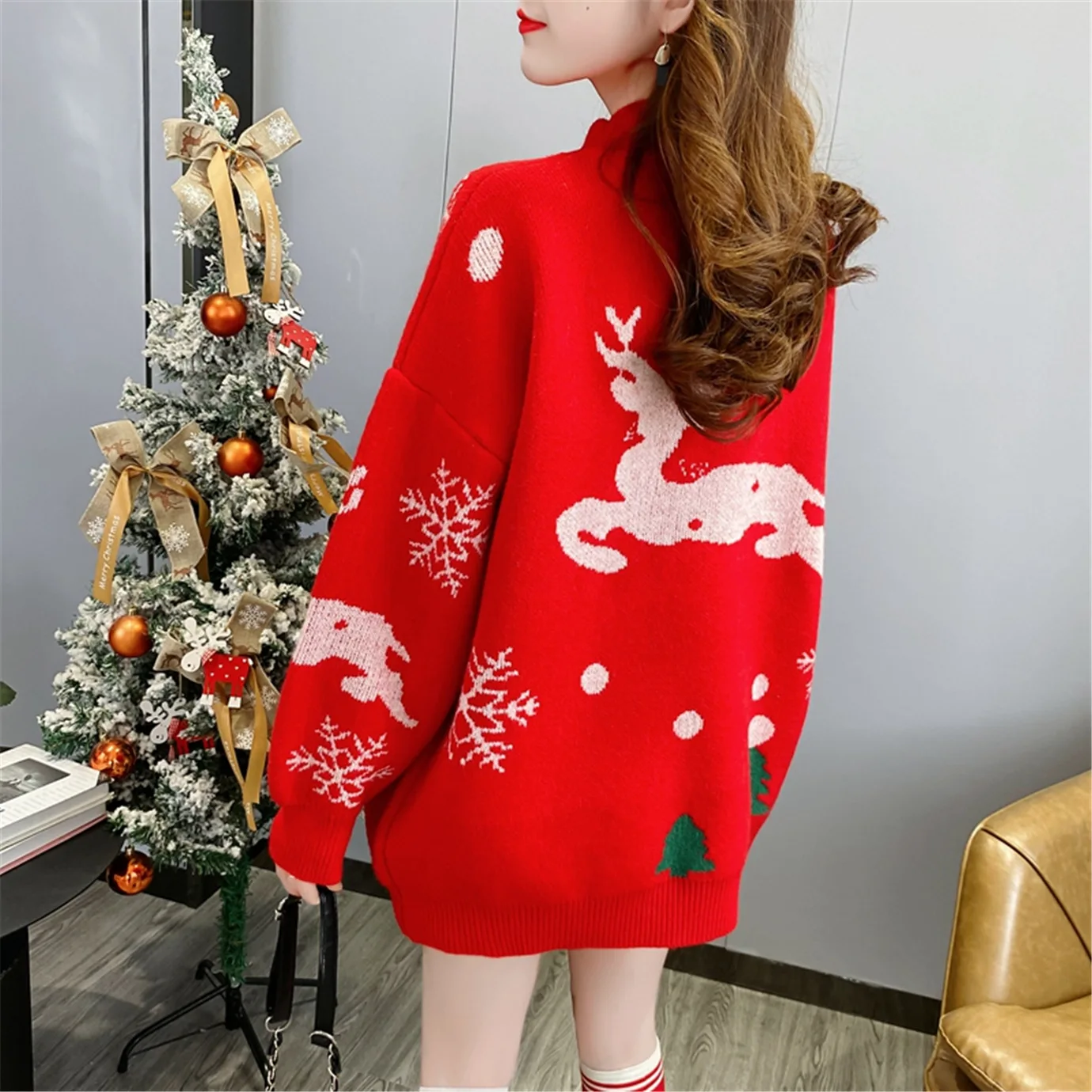 

Пуловер женский с оленем, тонкий свободный свитер красного цвета для полных женщин, Осень-зима