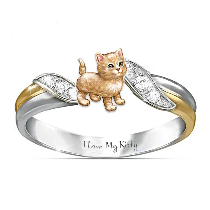 

2020 New Ring New Kitten Ring Engraved With I Love My Kitty Two-color Electroplated Encrusted Cat