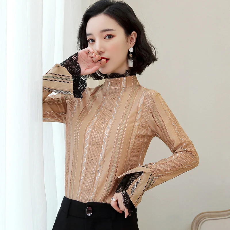Женские рубашки Однотонные блузки женские кружевные с длинным рукавом blusas mujer de