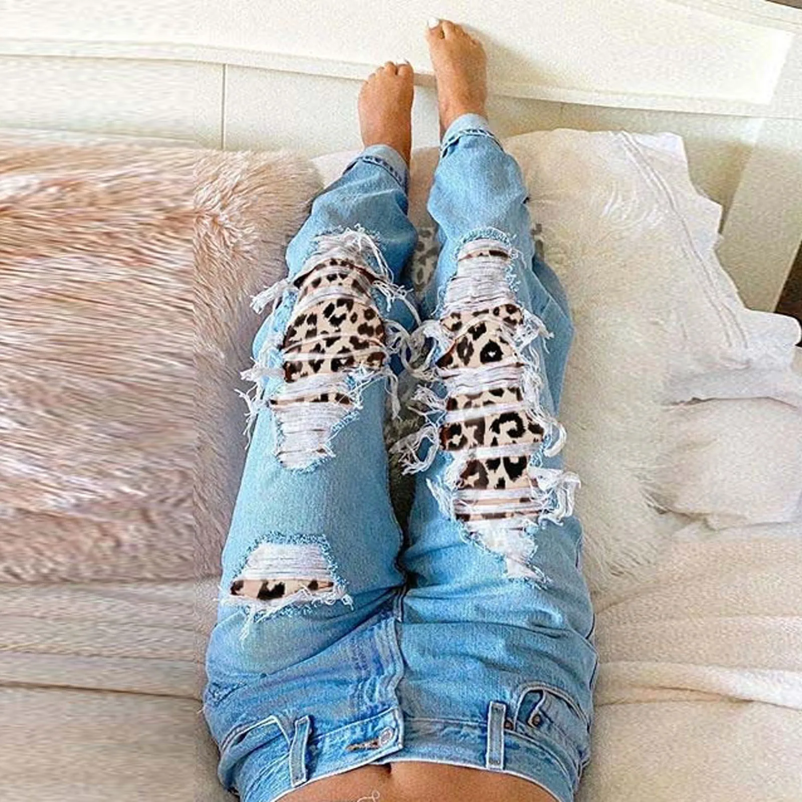 

Women Hole Jeans Leopard Button High Waist Pocket Shredded Jeans Trousers Casual Loose Denim Pants Laides Spring Autumn Wear