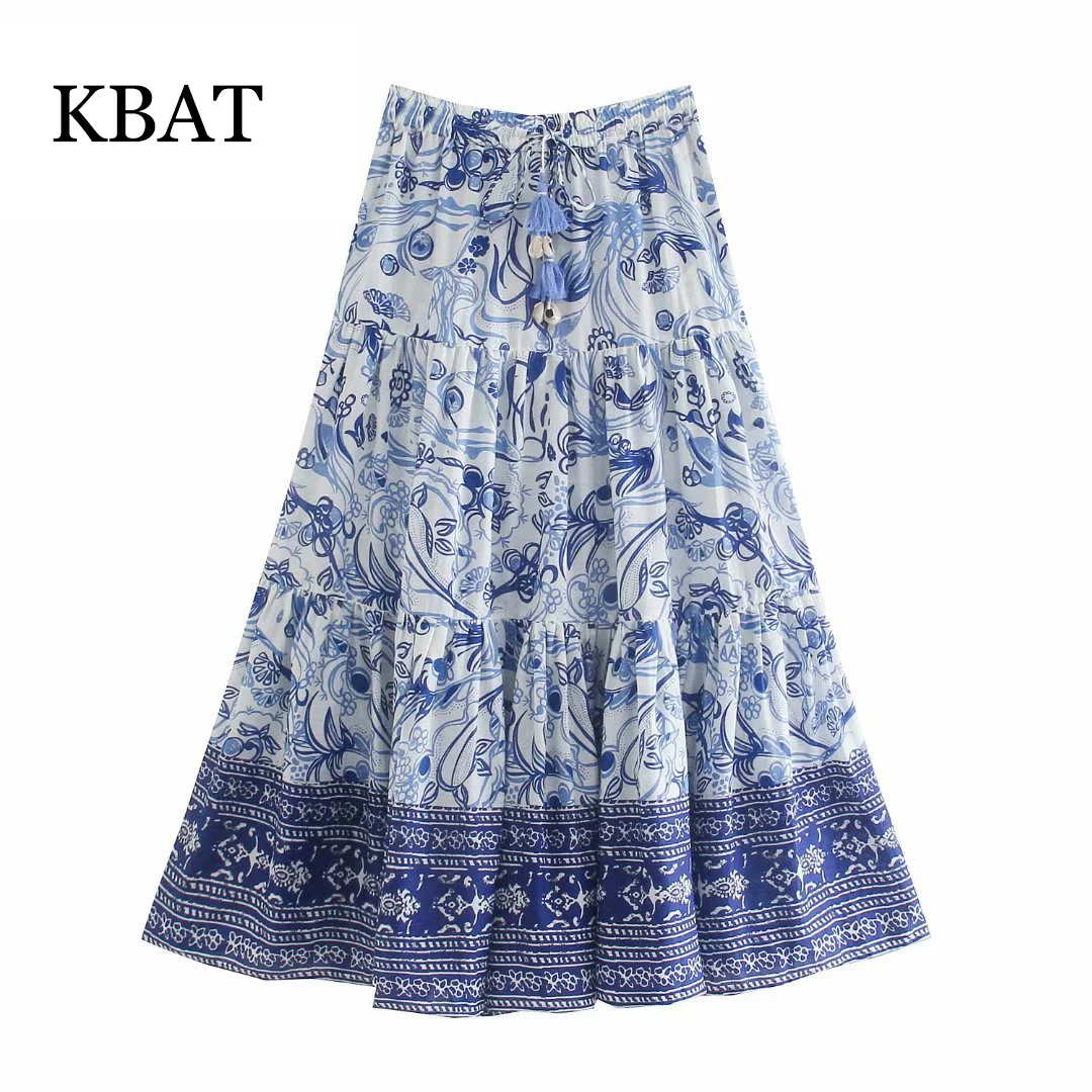 

KBAT 2021 Long Skirt Women Blue Print Pleated Skirt Vintage High Waist Summer Skirts Woman Aesthetic Maxi Skirts Womens