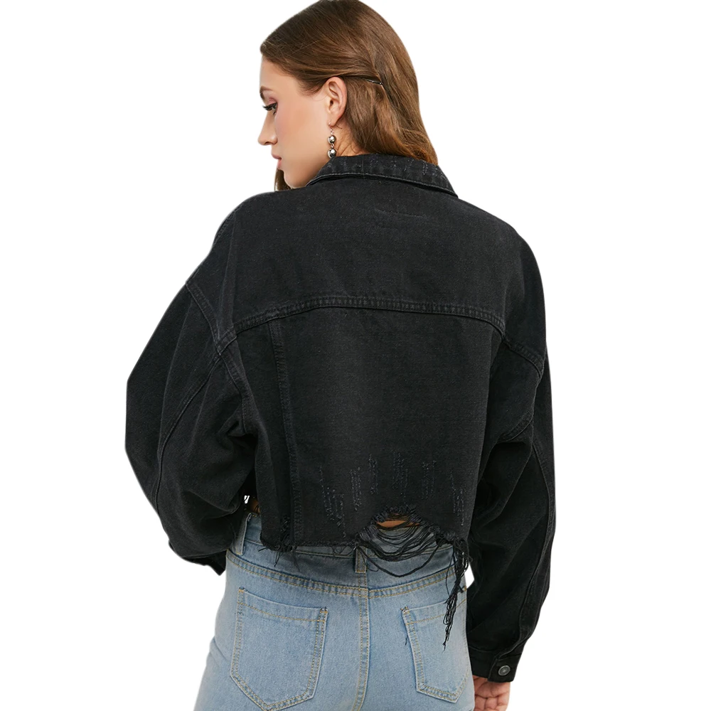 ZAFUL новинка осенняя джинсовая куртка с длинным рукавом заниженным плечом рваная