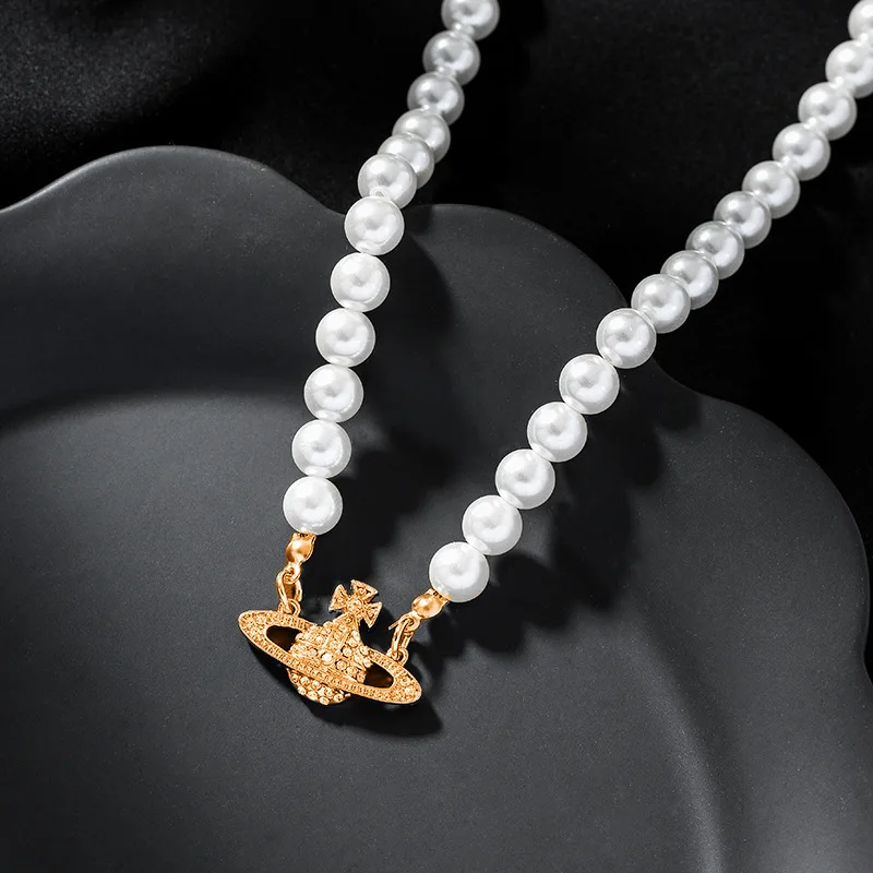 

European and American Fashion Ins Wind Saturn Pearl Necklace for Women Zircon Planet Pendant Clavicle Chain Simple Jewelry