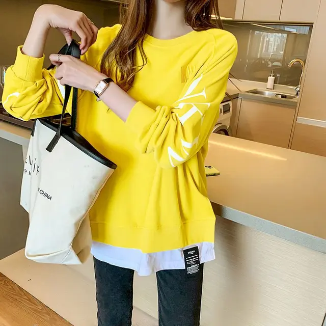 Autumn New Super Fire Pullover Women Ins Tide Hem Two-piece Fake Two-piece Blouse With Slits On Both Sides Loose Jacket Women 4