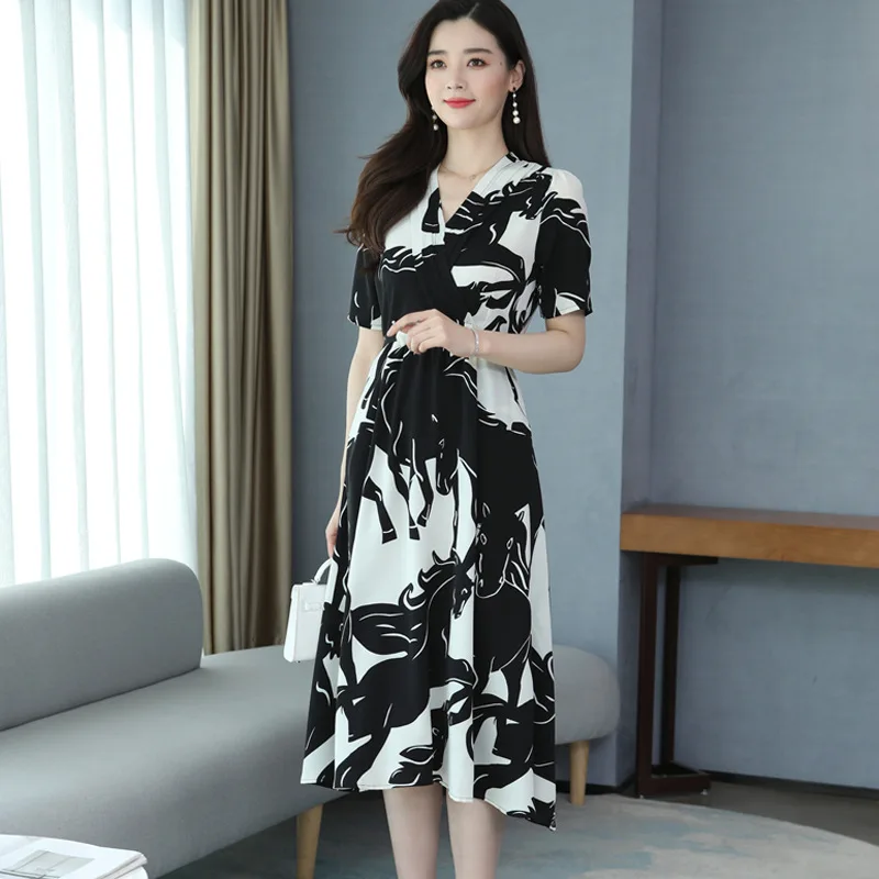 

Summer Short-sleeved Chiffon 2021 New Slim Look Long Skirt Dress for Women Preppy Style Straight Printing
