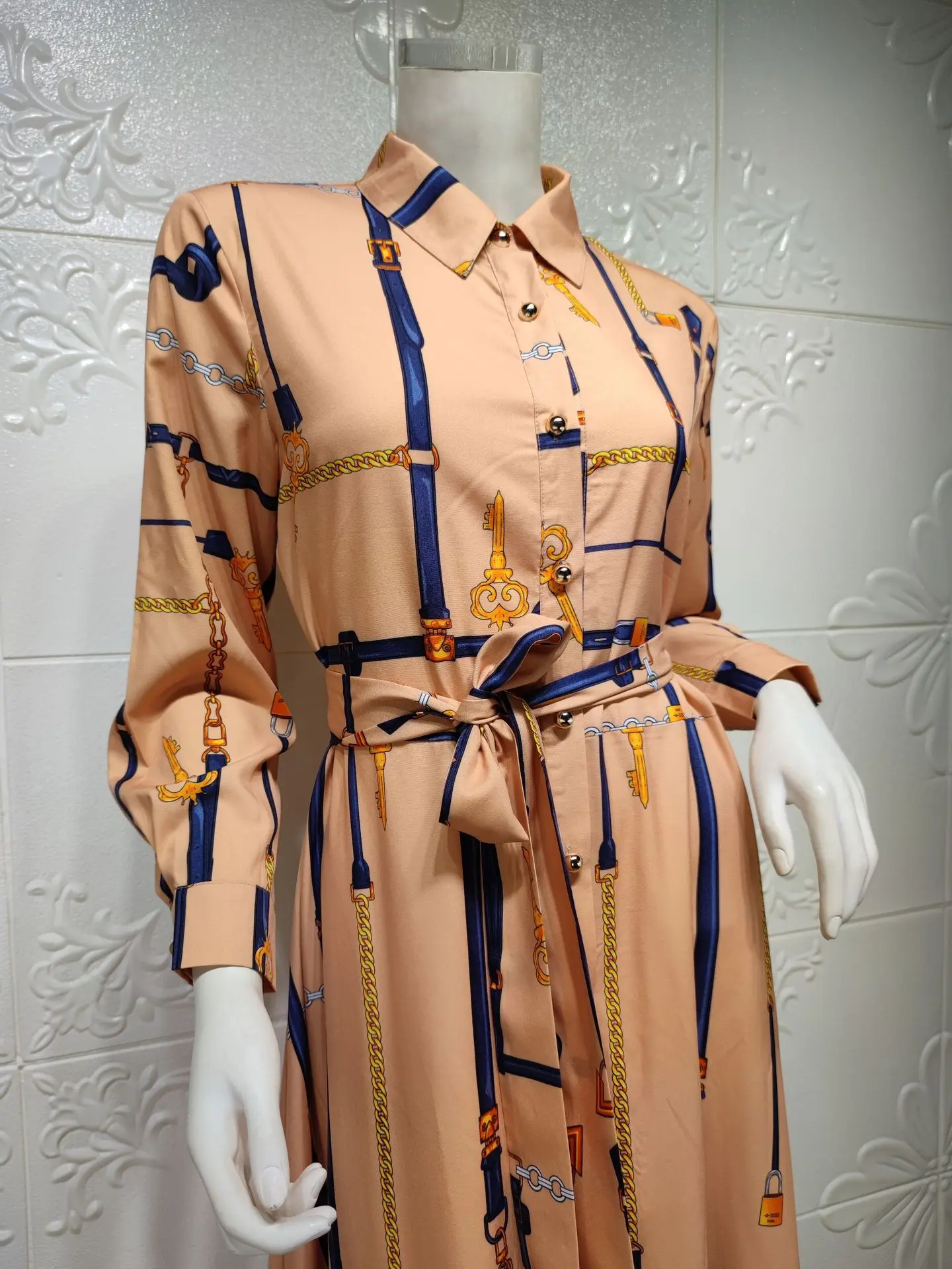 Chain Print Long Shirt Dresses for Women Muslim Dress Abaya Dubai Turkey Arabic Oman African Islam Clothes Lapel Single-breasted