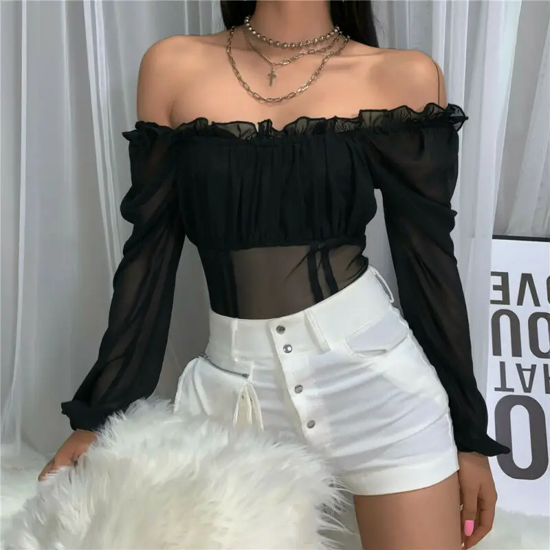 

2019 Sexy Hot Women Off Shoulder Short Romper Jumpsuit Stretch Bodysuit Leotard Top Blouse